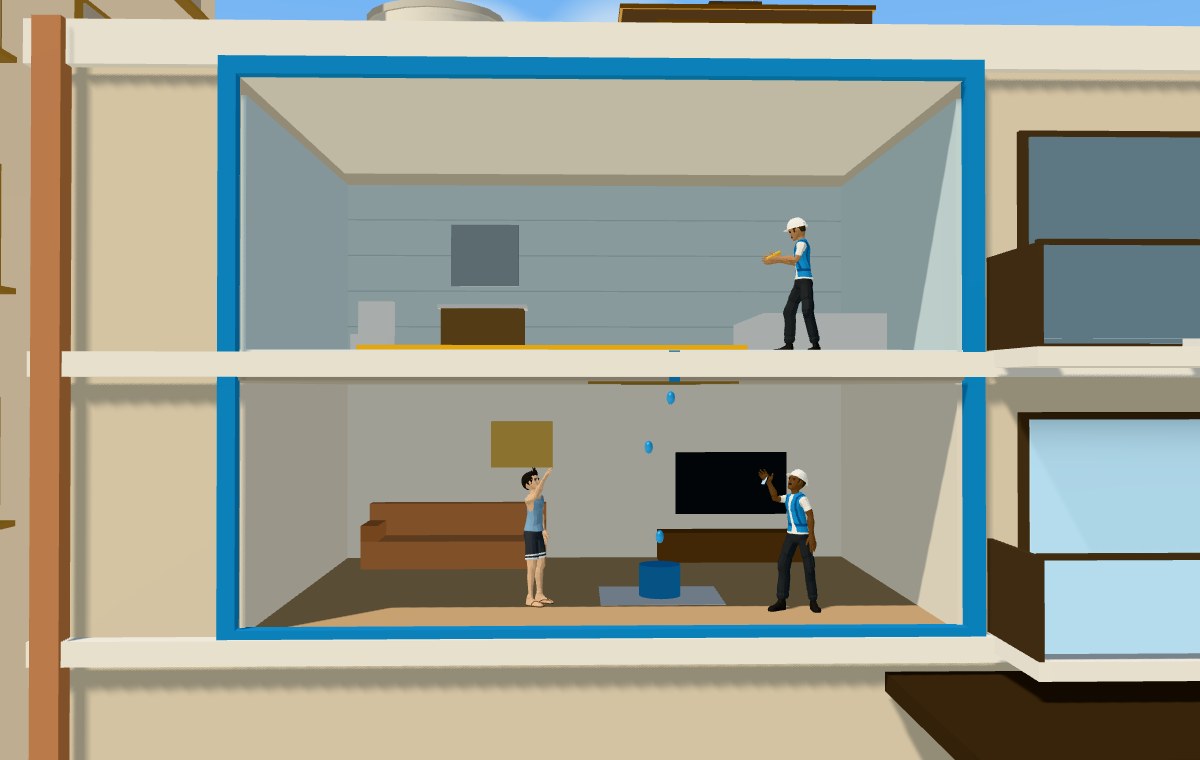 Cut-away of two condo units: water drips from the bathroom above into a bucket in the living room below while technicians inspect both floors