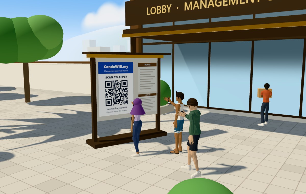 Residents holding up their phones to scan the CondoWifi QR notice outside the condo lobby